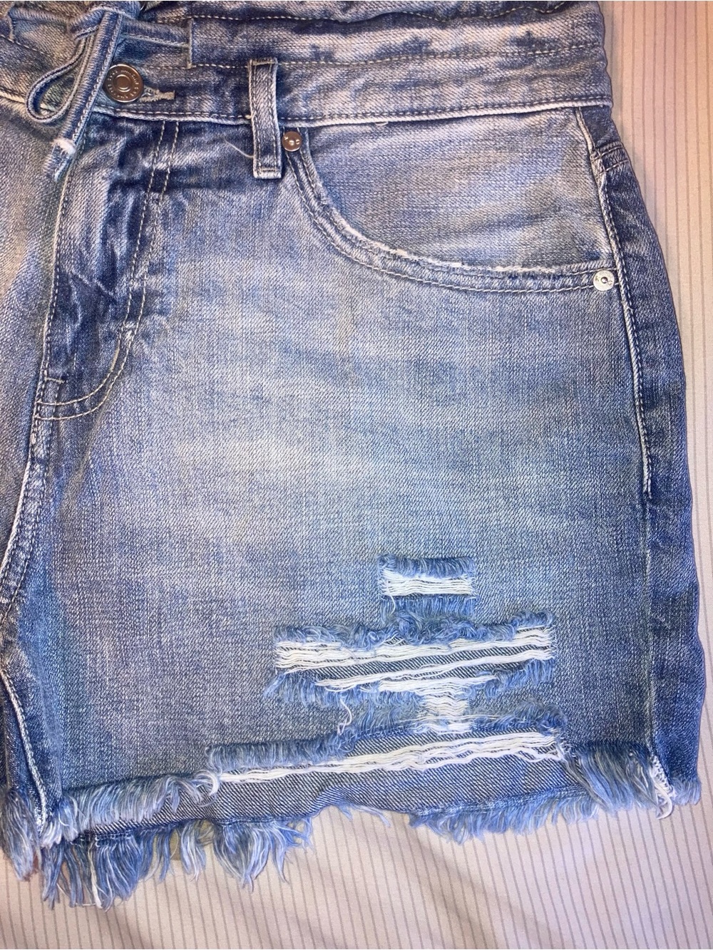 KanCan Light Blue Distressed Denim Shorts with Frayed Hem - Picture 3 of 7